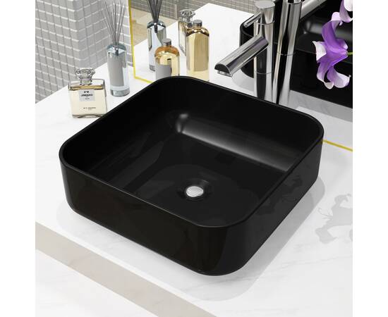 Chiuvetă de baie din ceramică, pătrată, negru, 38x38x13,5 cm