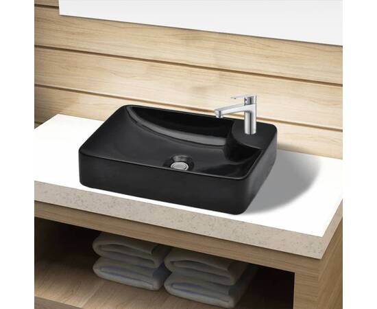 Chiuvetă de baie din ceramică cu gaură pentru robinet, negru