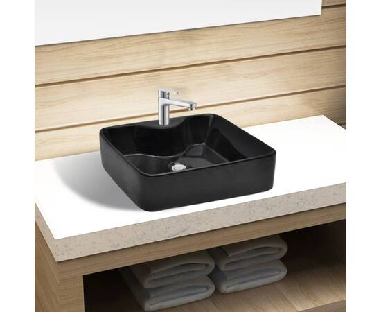 Chiuvetă de baie pătrată din ceramică cu gaură pentru robinet, negru