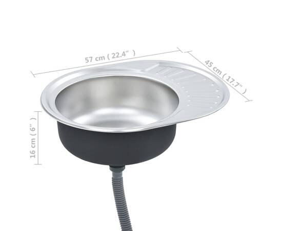 Chiuvetă de bucătărie cu sită și sifon, oțel inoxidabil, oval, 6 image