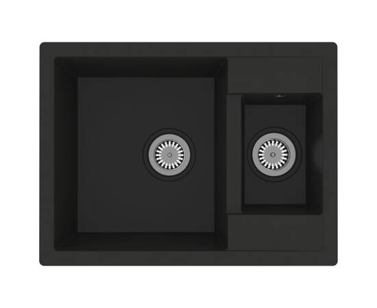 Chiuvetă bucătărie dublă cu orificiu de preaplin, negru, granit, 2 image