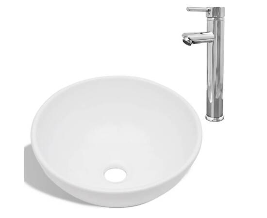Chiuvetă de baie cu robinet mixer, ceramică, rotund, alb, 2 image