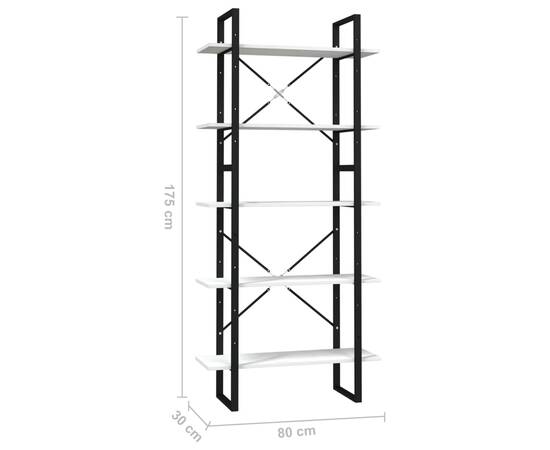 Bibliotecă cu 5 rafturi, alb, 80x30x175 cm, lemn de pin, 5 image