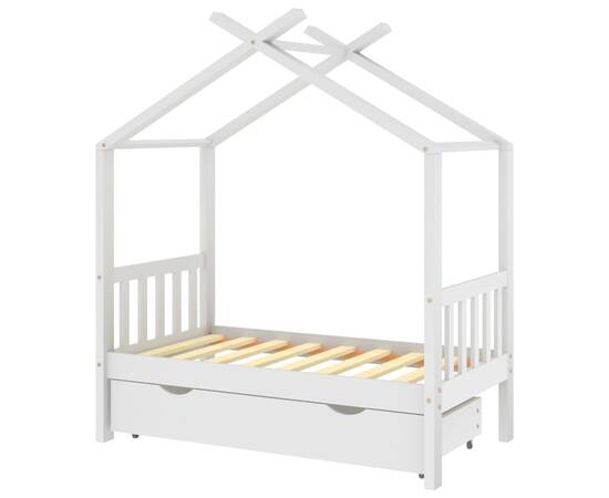 Cadru pat de copii cu un sertar, alb, 70x140 cm, lemn masiv pin, 2 image