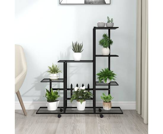 Suport pentru flori cu roți, 94,5x25x92,5 cm, negru, metal