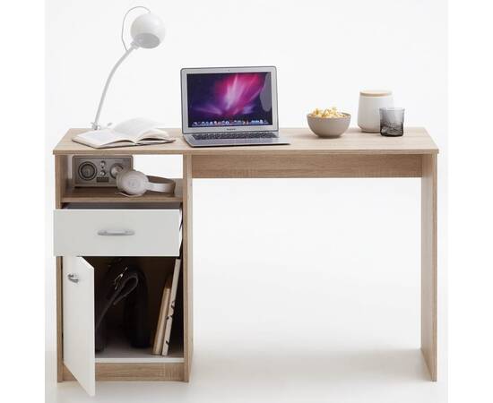 Fmd birou cu 1 sertar, stejar și alb, 123 x 50 x 76,5 cm, 3 image