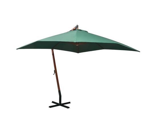 Umbrelă de soare suspendată, stâlp de lemn, 300x300 cm, verde