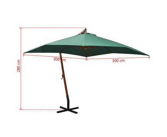 Umbrelă de soare suspendată, stâlp de lemn, 300x300 cm, verde, 8 image