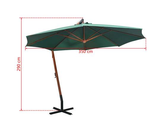 Umbrelă de soare suspendată 350 cm, stâlp din lemn, verde, 9 image