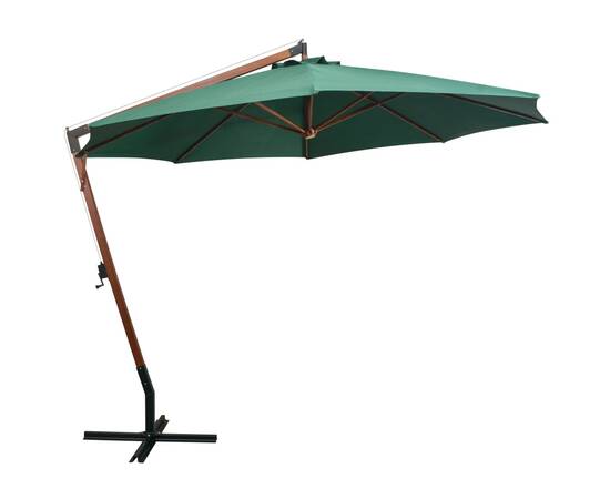 Umbrelă de soare suspendată 350 cm, stâlp din lemn, verde, 3 image