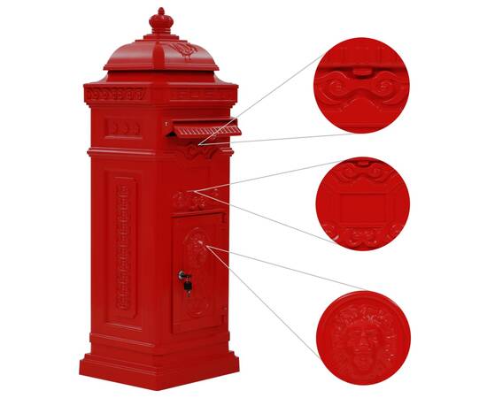 Cutie poștală stâlp, aluminiu, stil vintage, inoxidabil, roșu, 5 image