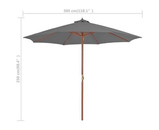 Umbrelă de soare de exterior, stâlp din lemn, 300 cm, antracit, 7 image