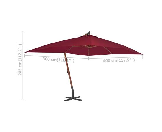 Umbrelă suspendată cu stâlp din lemn, roșu bordo, 400x300 cm, 5 image