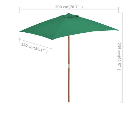 Umbrelă de soare, exterior, stâlp lemn, 150x200 cm, verde, 8 image