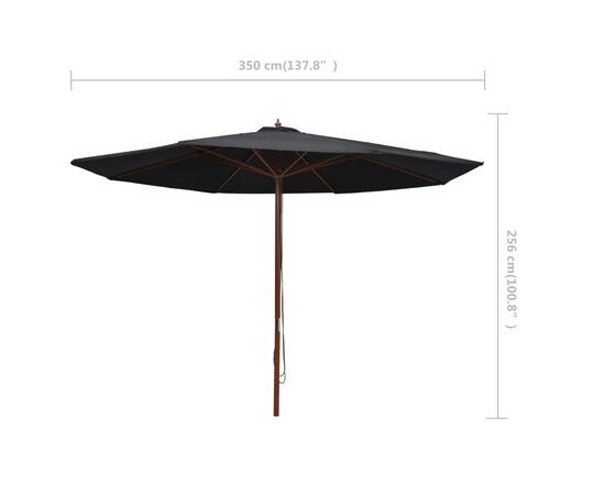 Umbrelă de soare de exterior, stâlp din lemn, negru, 350 cm, 6 image