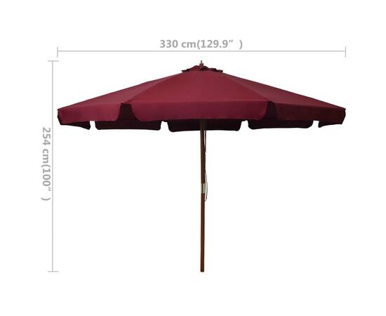 Umbrelă de soare de exterior, stâlp lemn, roșu burgund, 330 cm, 5 image