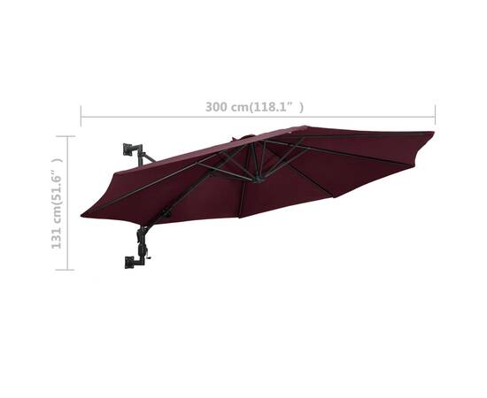 Umbrelă de soare de perete, stâlp metalic, roșu vișiniu, 300cm, 8 image