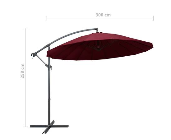 Umbrelă de soare suspendată, vișiniu, 3 m, stâlp de aluminiu, 9 image