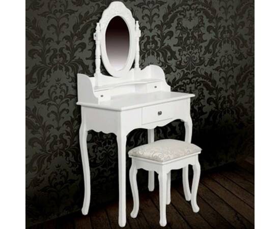 Masă de toaletă cu oglindă și taburet, alb, 8 image