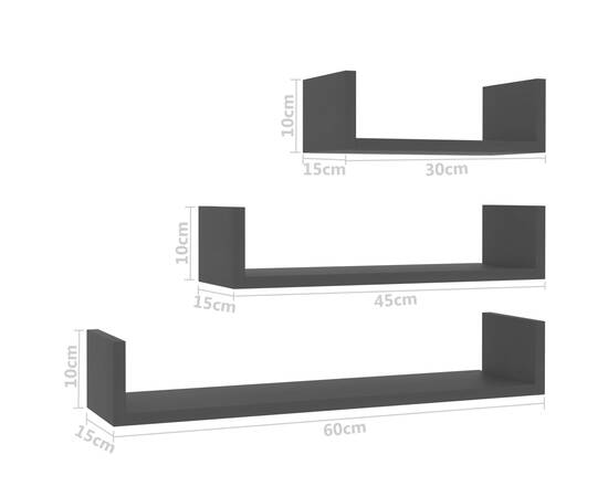 Raft de perete, 3 buc., negru, pal, 6 image