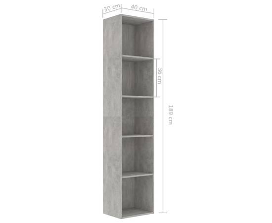 Bibliotecă, gri beton, 40 x 30 x 189 cm, pal, 6 image