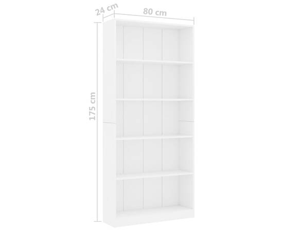 Bibliotecă cu 5 rafturi, alb, 80 x 24 x 175 cm, pal, 6 image