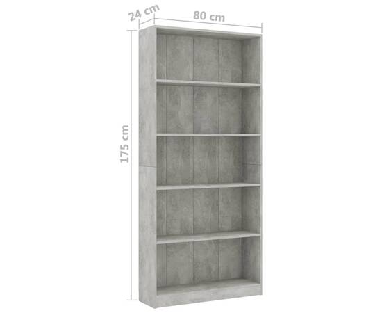 Bibliotecă cu 5 rafturi, gri beton, 80 x 24 x 175 cm, pal, 6 image