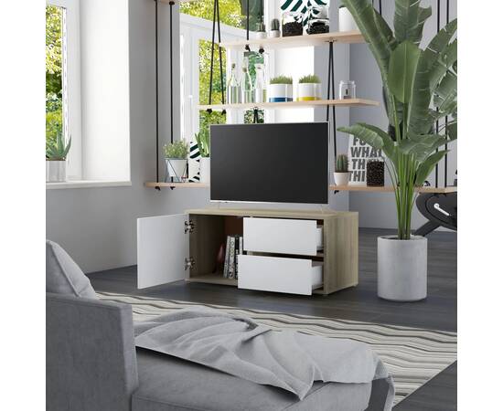 Comodă tv, alb și stejar sonoma, 80 x 34 x 36 cm, pal, 3 image