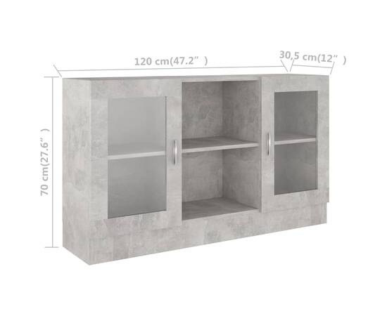 Dulap cu vitrină, gri beton, 120 x 30,5 x 70 cm, pal, 8 image