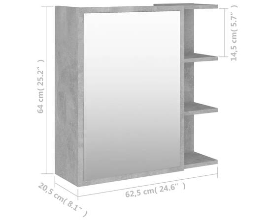 Dulap de baie cu oglindă, gri beton, 62,5 x 20,5 x 64 cm, pal, 10 image