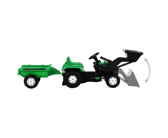 Tractor copii cu pedale, remorcă şi încărcător, verde și negru, 4 image
