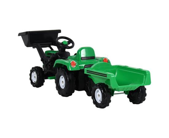 Tractor copii cu pedale, remorcă şi încărcător, verde și negru, 3 image
