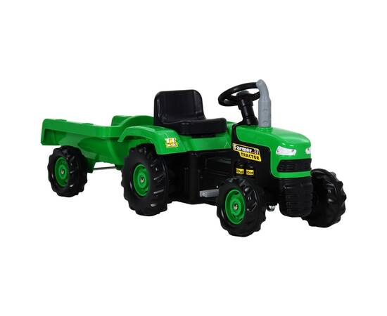 Tractor pentru copii, cu pedale & remorcă, verde și negru