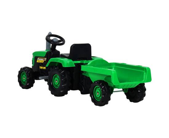 Tractor pentru copii, cu pedale & remorcă, verde și negru, 4 image