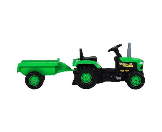 Tractor pentru copii, cu pedale & remorcă, verde și negru, 3 image