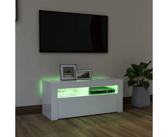 Comodă tv cu lumini led, alb extralucios, 90x35x40 cm, 4 image