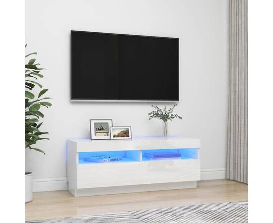 Comodă tv cu lumini led, alb extralucios, 100x35x40 cm