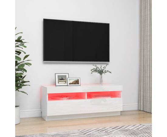 Comodă tv cu lumini led, alb extralucios, 100x35x40 cm, 3 image