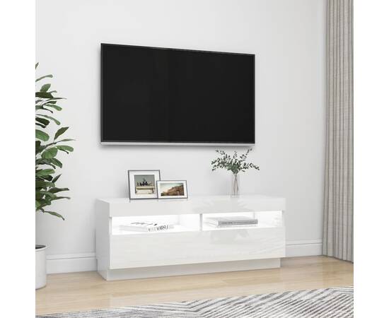 Comodă tv cu lumini led, alb extralucios, 100x35x40 cm, 6 image