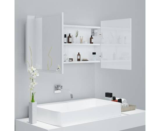 Dulap de baie cu oglindă și led, alb extralucios, 90x12x45 cm, 6 image