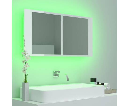 Dulap de baie cu oglindă și led, alb extralucios, 90x12x45 cm, 4 image