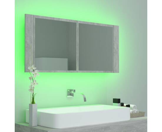 Dulap de baie cu oglindă și led, gri beton, 100x12x45 cm, 7 image