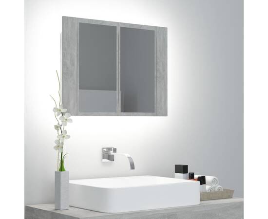 Dulap de baie cu oglindă și led, gri beton, 60x12x45 cm