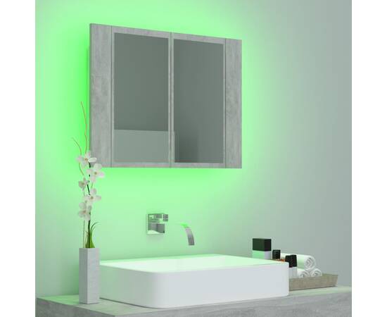 Dulap de baie cu oglindă și led, gri beton, 60x12x45 cm, 5 image