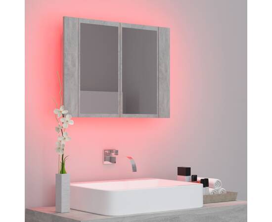 Dulap de baie cu oglindă și led, gri beton, 60x12x45 cm, 4 image