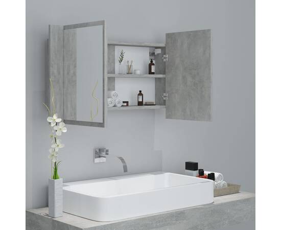Dulap de baie cu oglindă și led, gri beton, 80x12x45 cm, 6 image