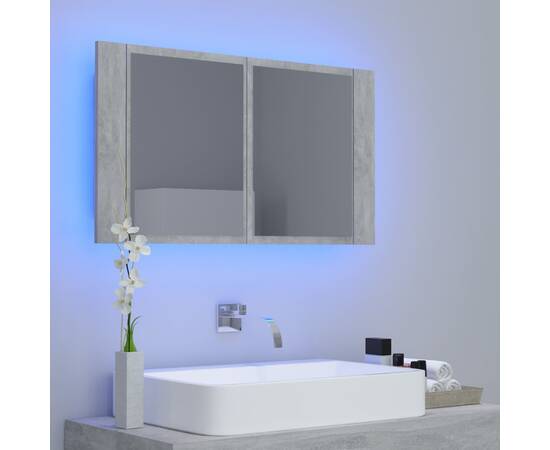 Dulap de baie cu oglindă și led, gri beton, 80x12x45 cm, 3 image