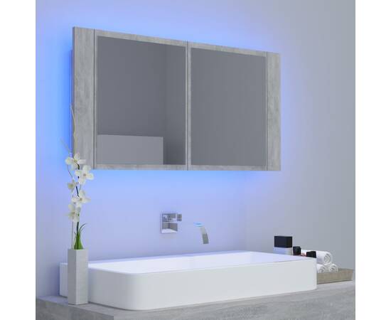 Dulap de baie cu oglindă și led, gri beton, 90x12x45 cm, 3 image