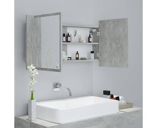 Dulap de baie cu oglindă și led, gri beton, 90x12x45 cm, 6 image