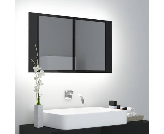 Dulap de baie cu oglindă și led, negru extralucios, 80x12x45 cm